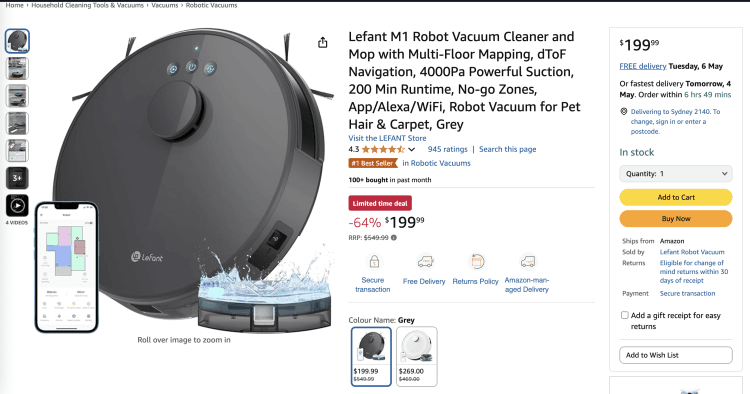 Amazon: Lefant M1 Robot Vacuum Cleaner and Mop – 64% Off, now $199.99